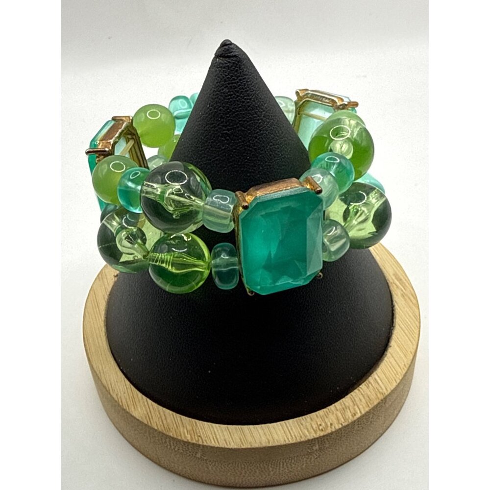 Multi Strand Green Acrylic Mid Century Translucent and Opaque Emerald Bracelet